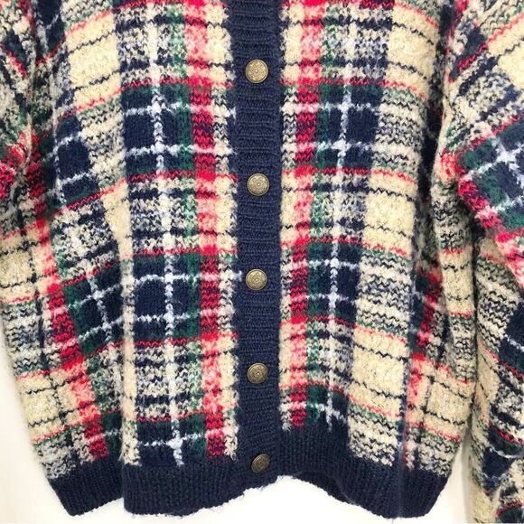 Christopher & Banks Navy Blue Cream Plaid Fuzzy Knit Cardigan Sweater - Picture 4 of 11